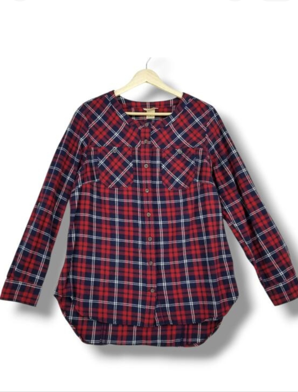 Duluth Flannel‎ Shirt Women's Medium Button Red Navy Blue Plaid 100% Cotton